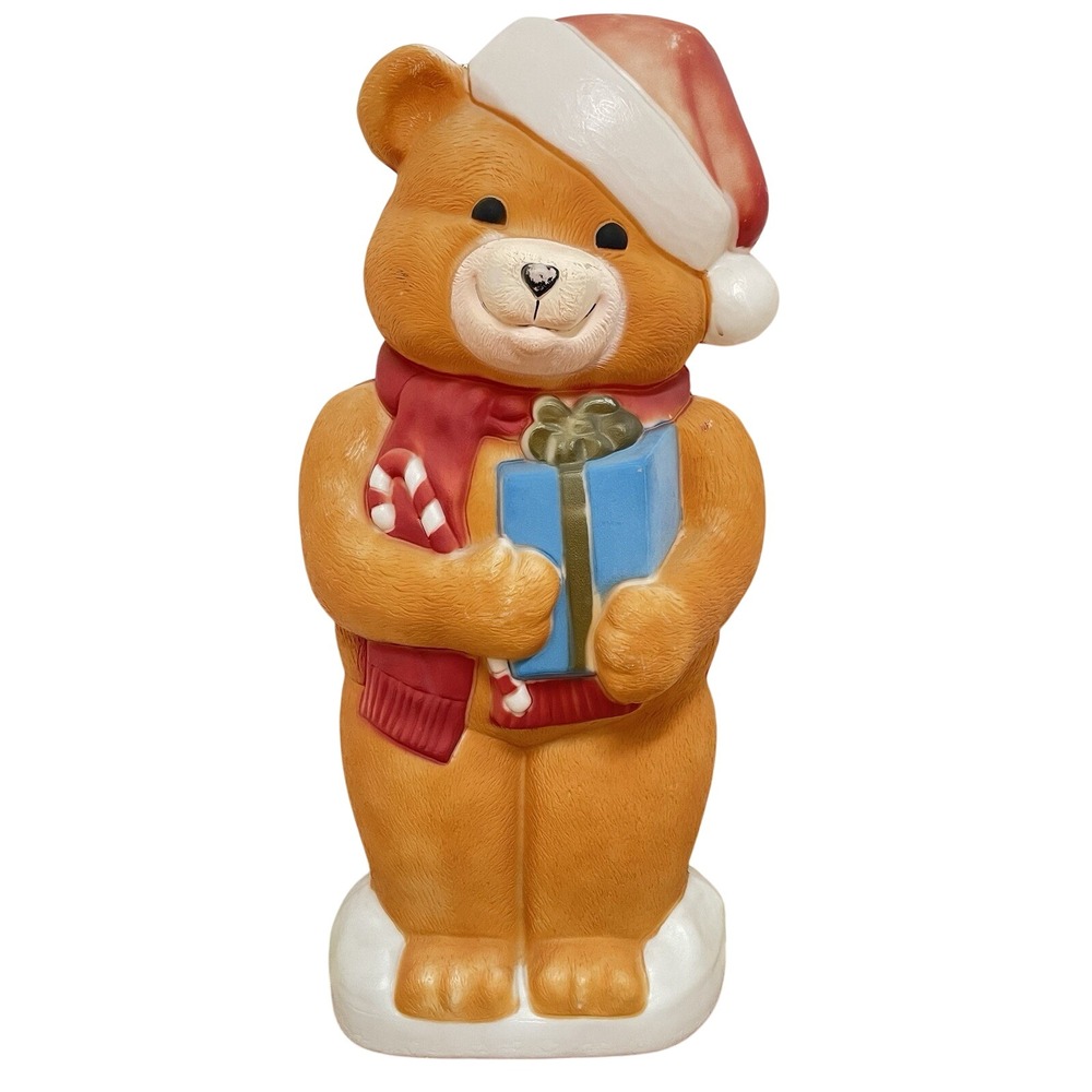 Teddy Bear Blow Mold Empire Christmas 35" Holding Present Candy Cane Light Works